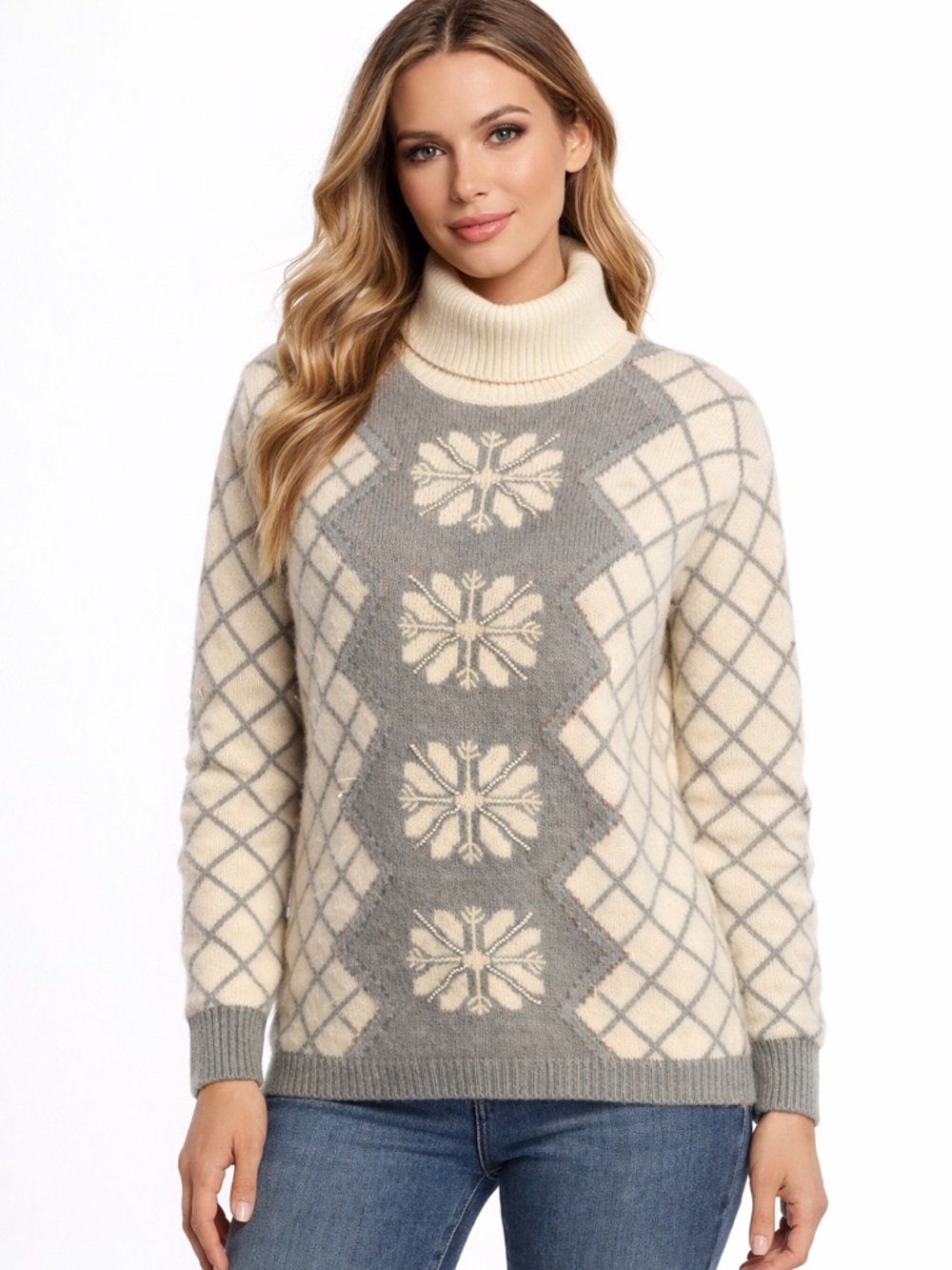 Vintage Cream + Gray Snowflake Turtleneck Sweater Lambswool Angora Rabbit Hair